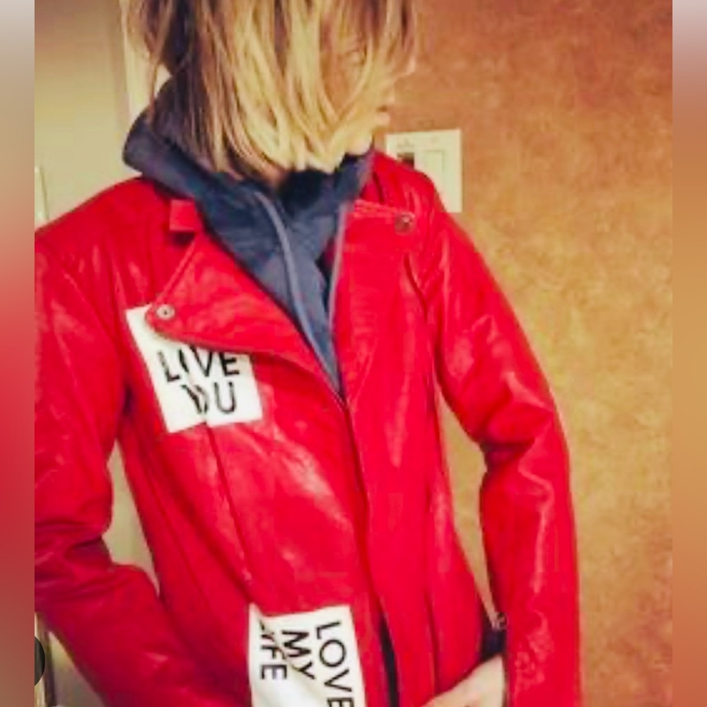 COPY - nice Peace Love World Red and Black Leather Jacket with Statement Patch…